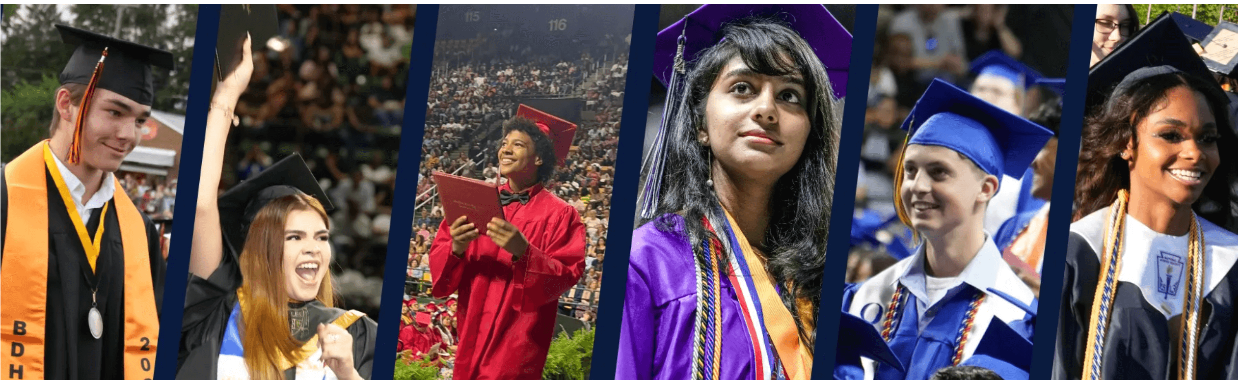 Students at high school graduations wearing caps and gowns